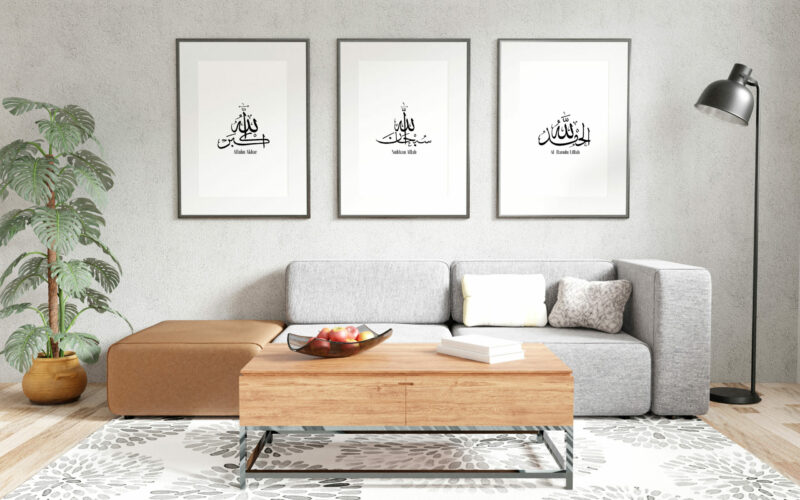 Three empty photo frame for mockup in living room, 3D render, 3D illustration